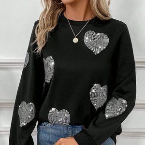 Black Casual Womens Rhinestone Decor Heart Pattern Crew Neck Sweatshirt